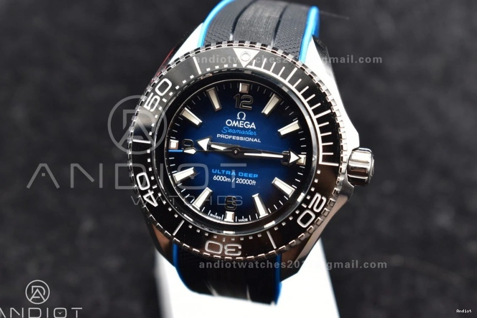 TF 1:1 6000M Dial Seamaster Black Deep Black Strap Ceramic Ultra A2824 Edition Bezel on Blue Rubber SS Best 0302
